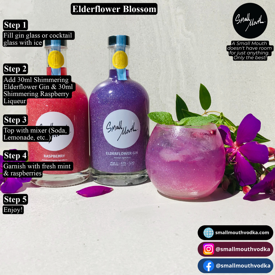 Elderflower Blossom cocktail with Small Mouth Elderflower Gin and Raspberry Liqueur