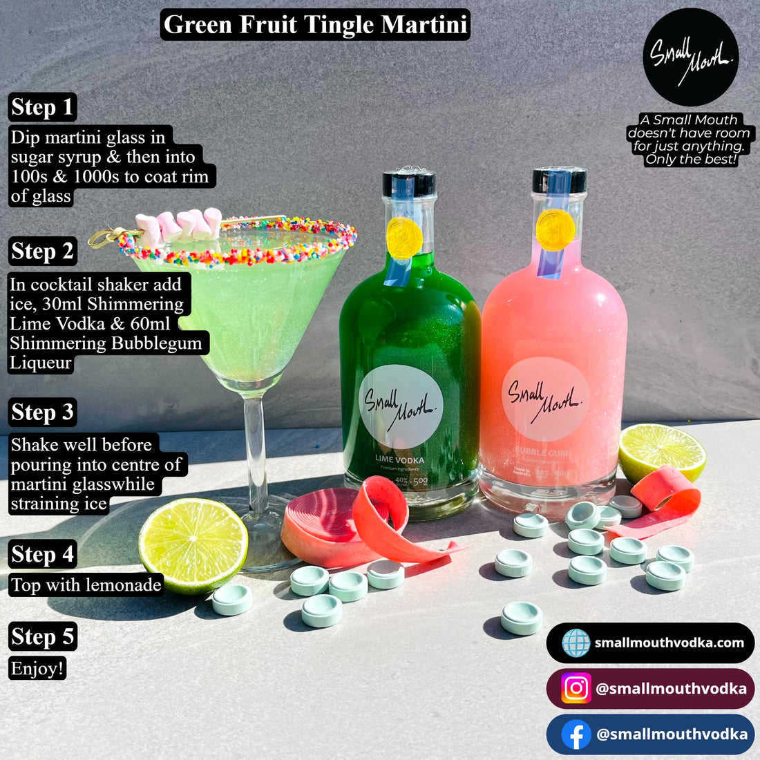 Green Fruit Tingle Martini with Small Mouth Lime Vodka and Bubblegum Liqueur